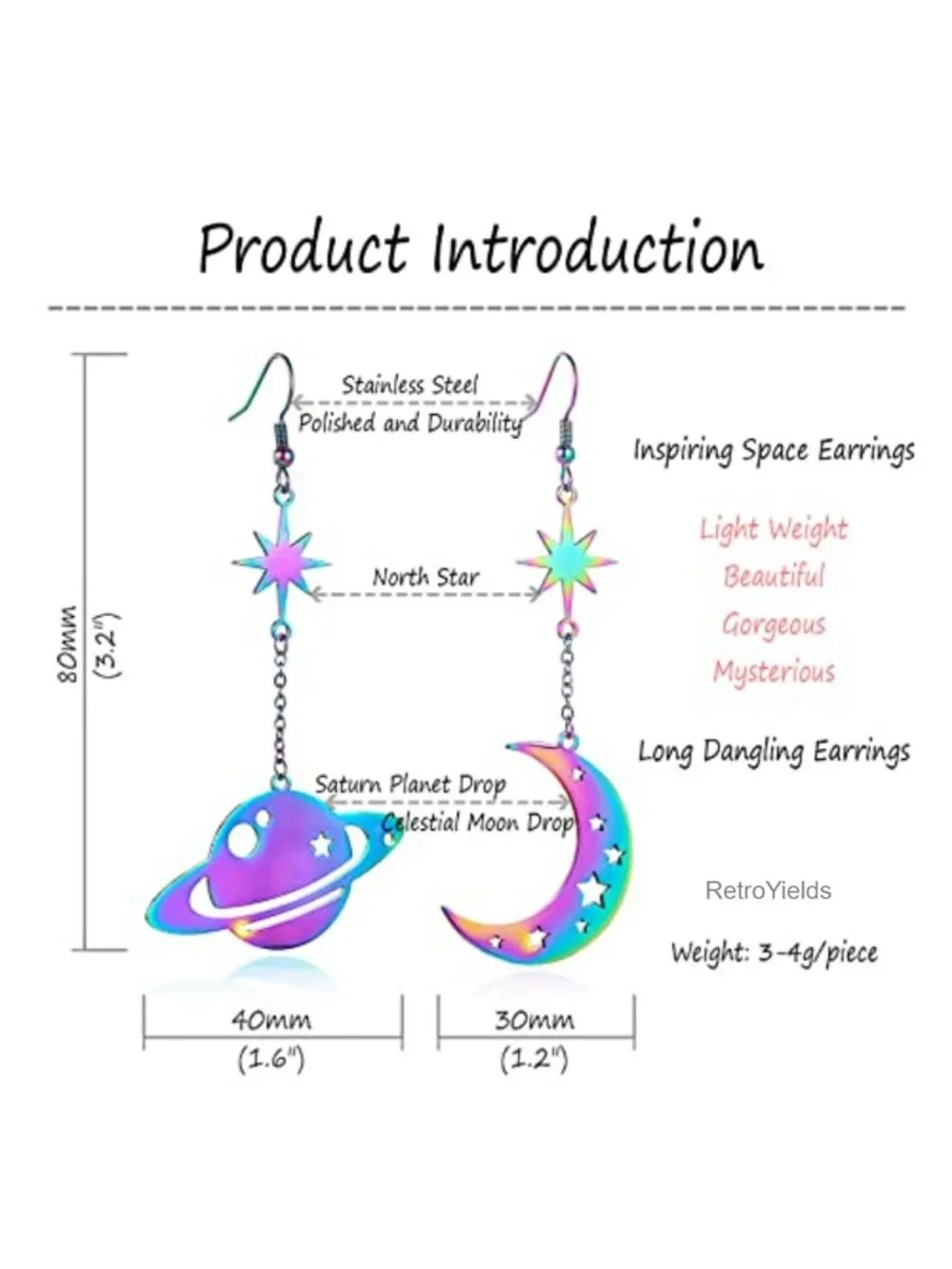 Asymmetrical Celestial Moon Star Saturn Dangle Earrings Stainless Steel